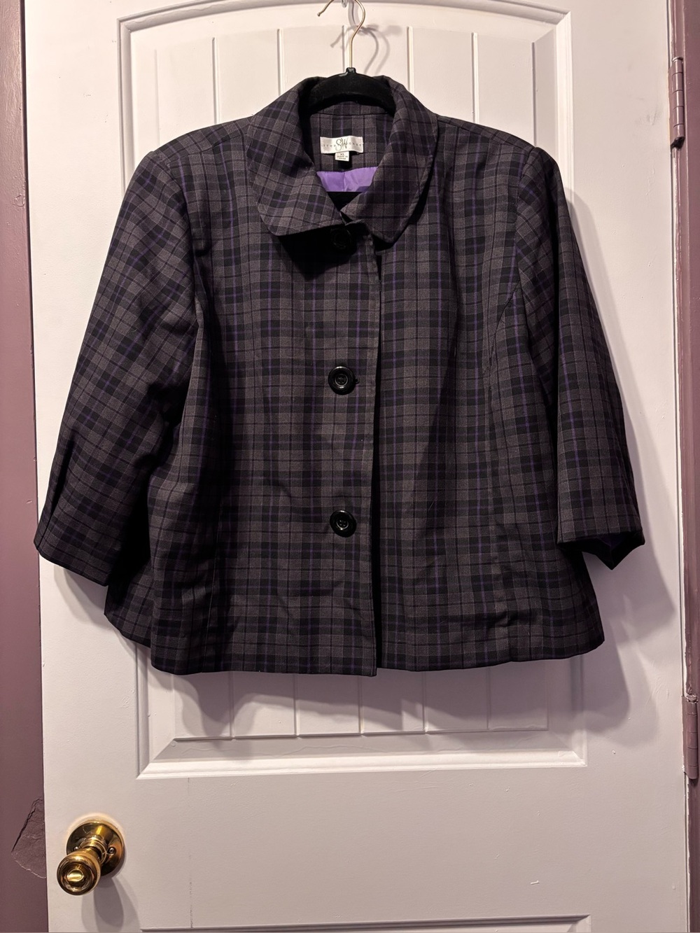 Studio Works Plaid Cropped Blazer in Dark Gray and Purple